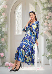 Blue Floral Flared Long Tier Dress with Strings                                 
