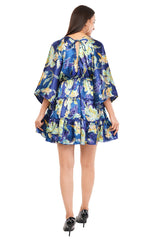 Blue Floral Flared Short Tier Dress with Strings               