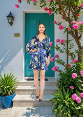 Blue Floral Flared Short Tier Dress with Strings               