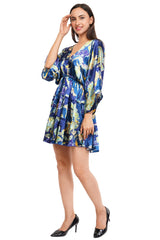 Blue Floral Flared Short Tier Dress with Strings               