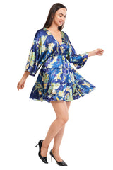 Blue Floral Flared Short Tier Dress with Strings               