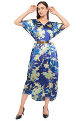 Blue Floral Long Kaftan with strings on the inside