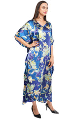 Blue Floral Long Kaftan with strings on the inside
