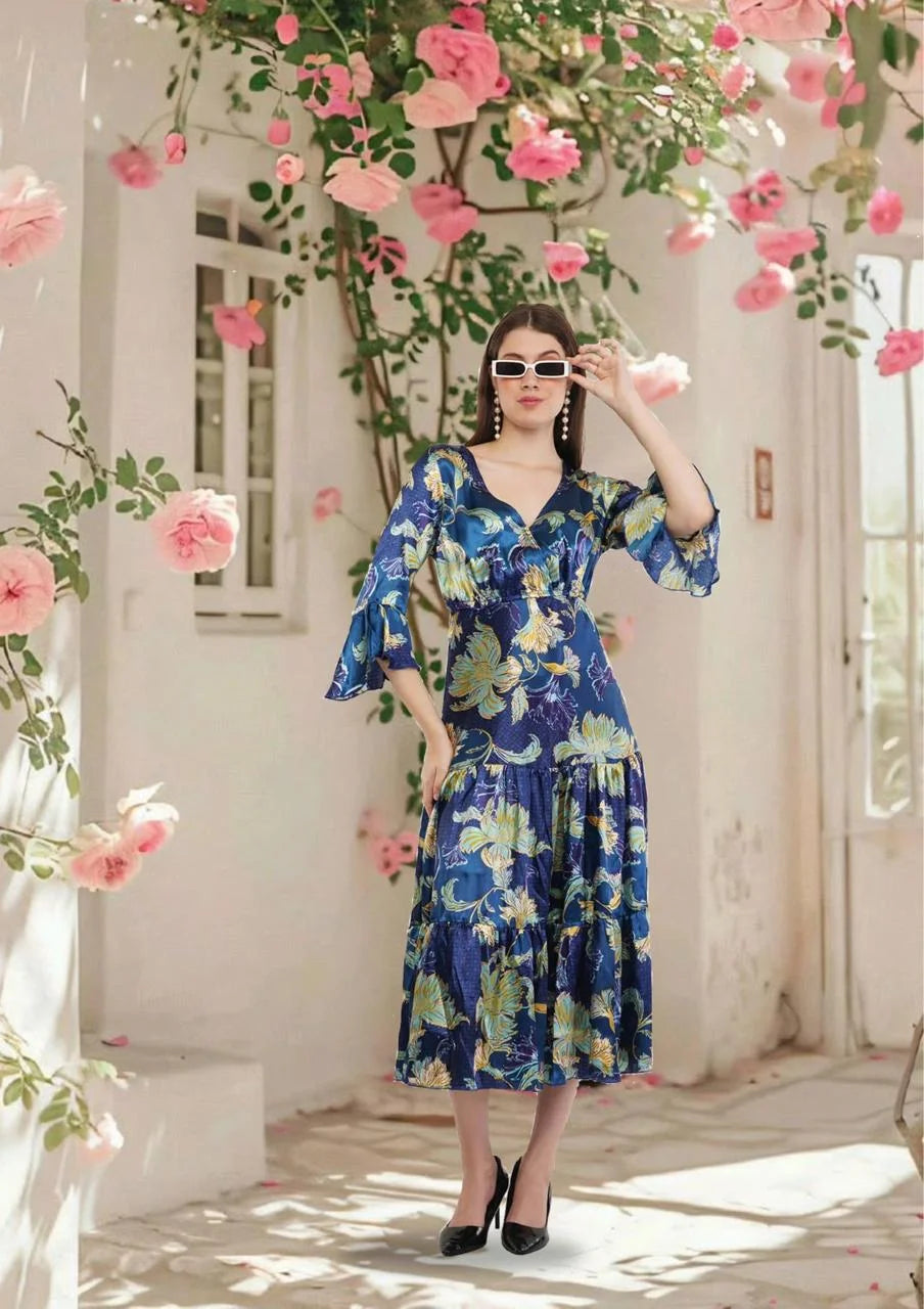 Blue Lily Flared Long A-Line Tier Dress