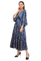 Blue Chain Flared Long Tier Dress with Strings