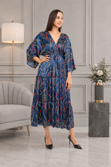 Blue Chain Flared Long Tier Dress with Strings