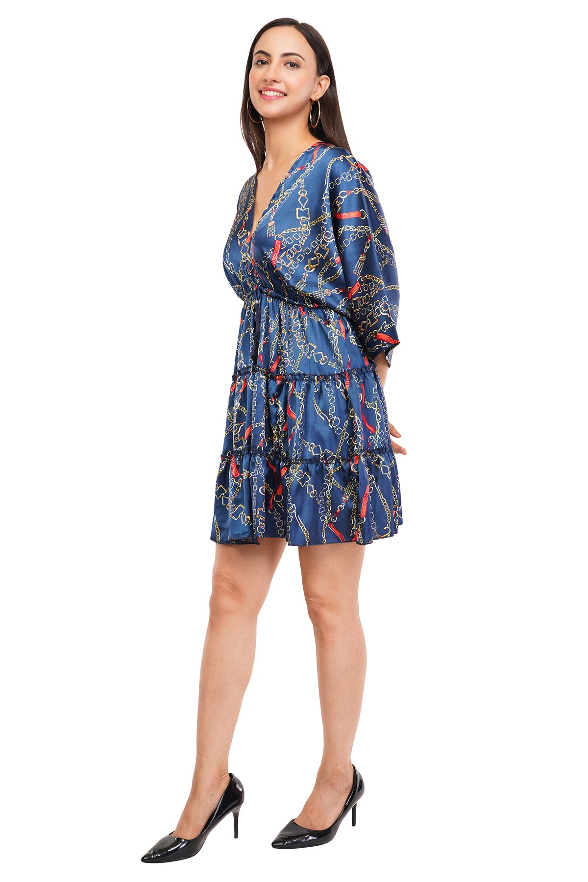 Blue Chain Flared Short Tier Dress with Strings 