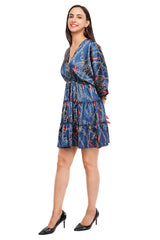 Blue Chain Flared Short Tier Dress with Strings 
