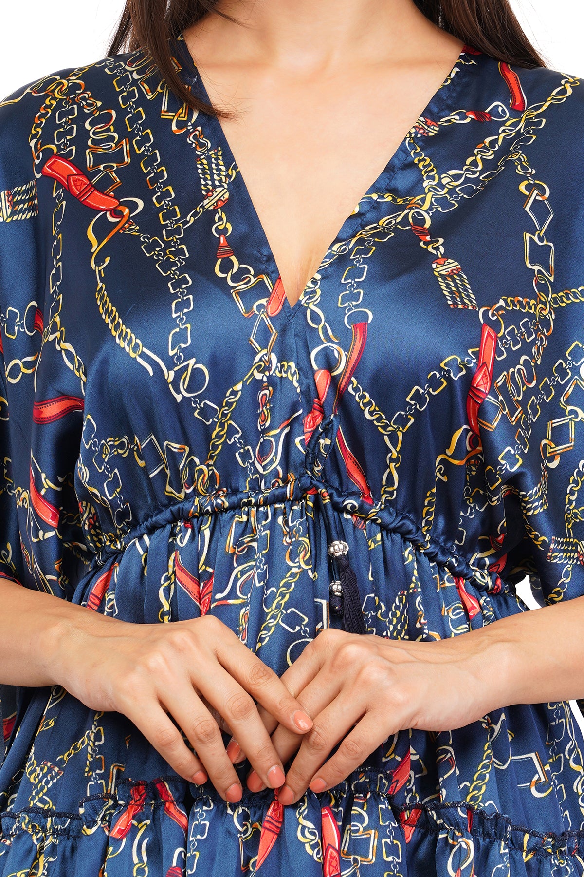 Blue Chain Flared Short Tier Dress with Strings 