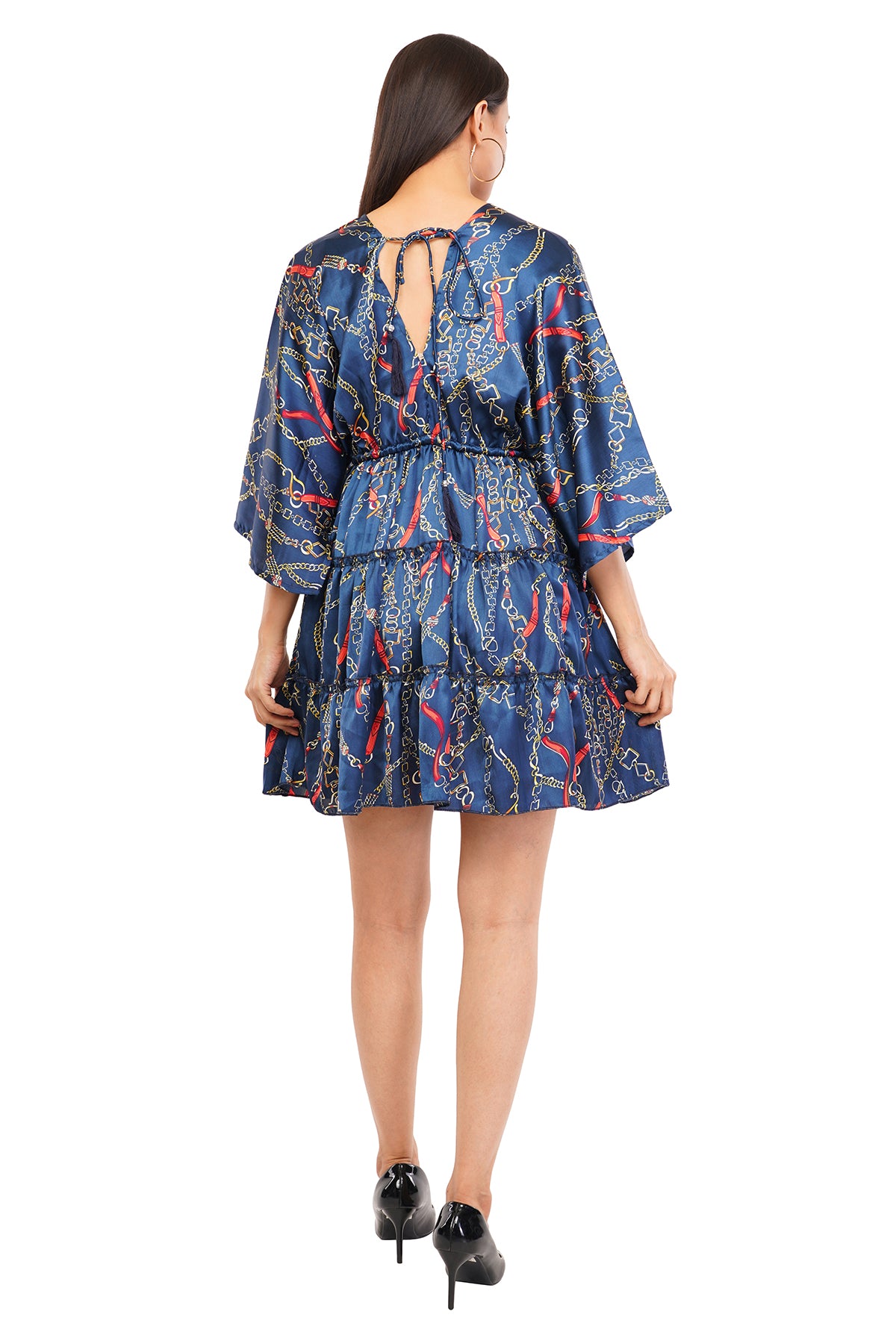 Blue Chain Flared Short Tier Dress with Strings 