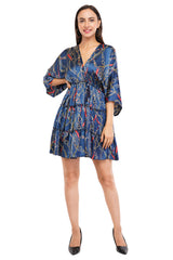 Blue Chain Flared Short Tier Dress with Strings 