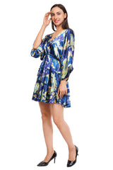 Blue Floral Flared Short Tier Dress with Strings