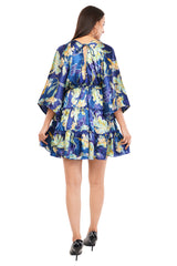 Blue Floral Flared Short Tier Dress with Strings