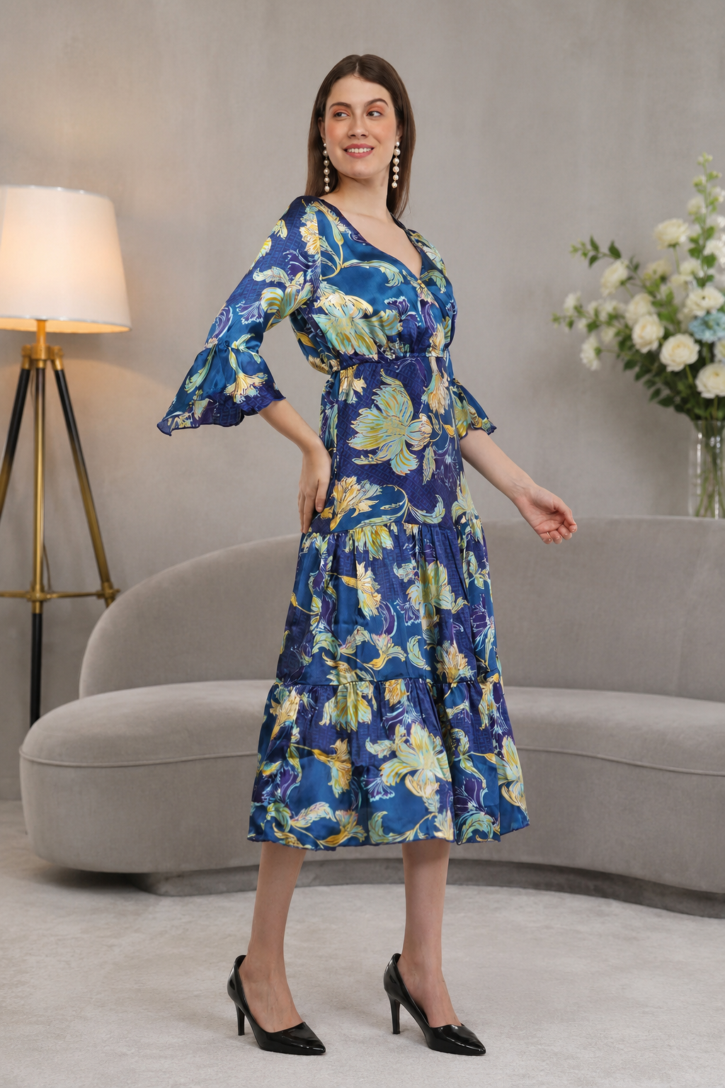 Blue Lily Flared Long A-Line Tier Dress