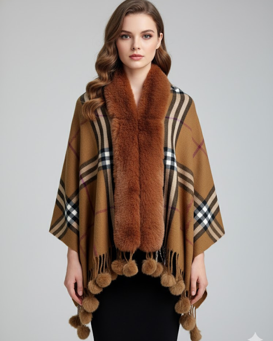 Bronze Contrast Check Cape with Faux Fur