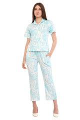 White Turquoise Blue Shirt & Pant Co-Ord  Set                                             