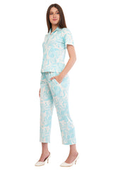 White Turquoise Blue Shirt & Pant Co-Ord  Set                                             