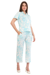 White Turquoise Blue Shirt & Pant Co-Ord  Set                                             