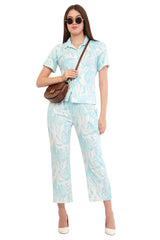 White Turquoise Blue Shirt & Pant Co-Ord  Set                                             