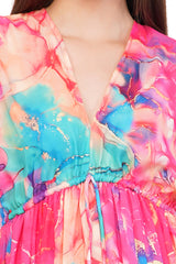 Pink Marble Flared Long Tier Dress with Strings                                    