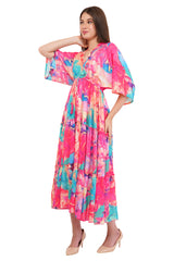 Pink Marble Flared Long Tier Dress with Strings                                    