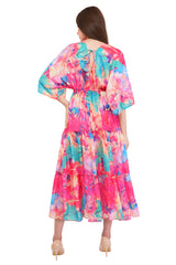 Pink Marble Flared Long Tier Dress with Strings                                    