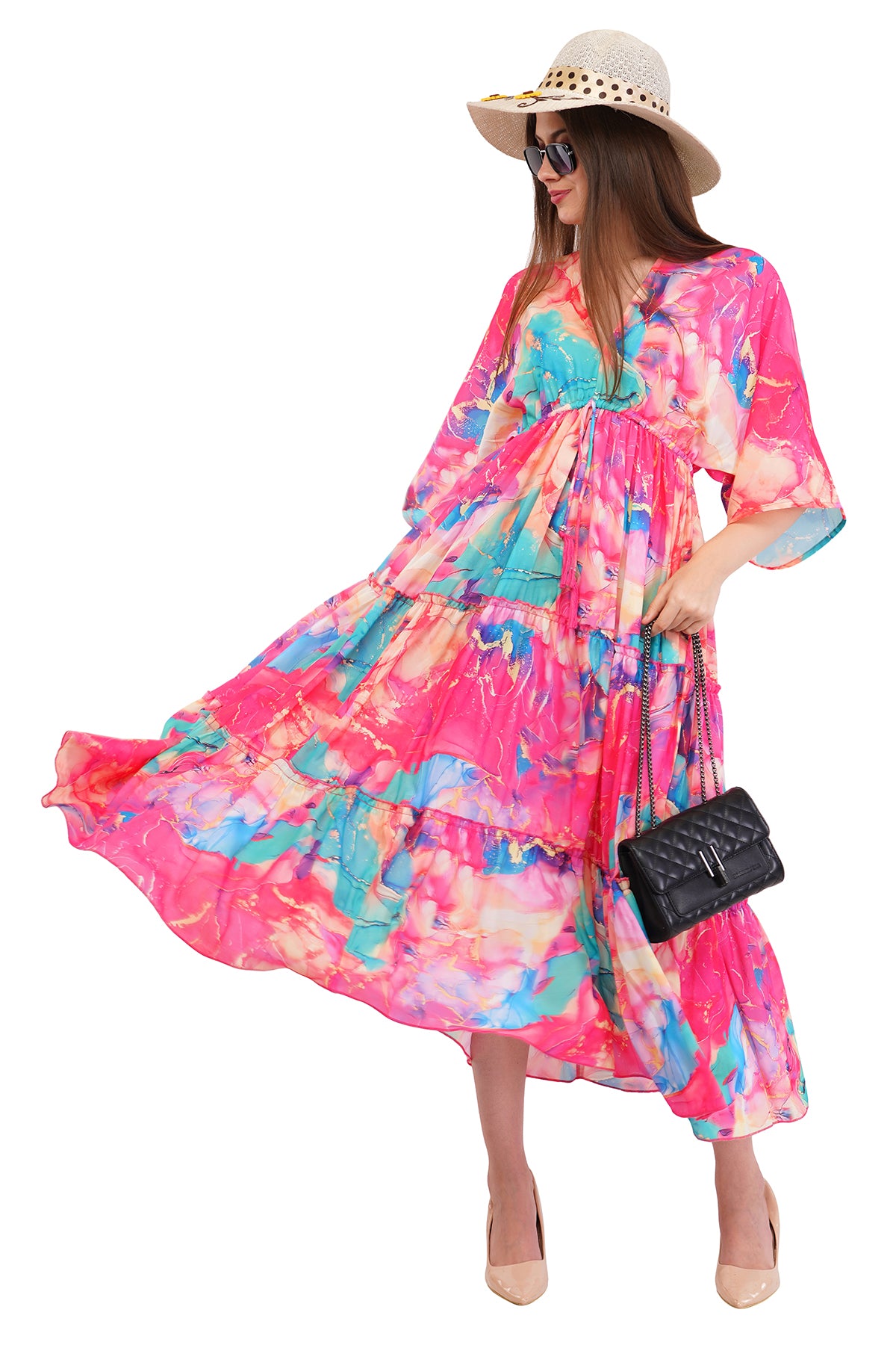 Pink Marble Flared Long Tier Dress with Strings                                    