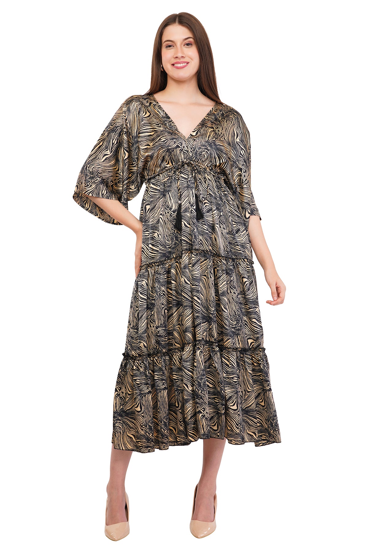 Black Marble Flared Long Tier Dress with Strings