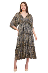 Black Marble Flared Long Tier Dress with Strings