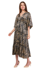 Black Marble Flared Long Tier Dress with Strings