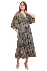 Black Marble Flared Long Tier Dress with Strings