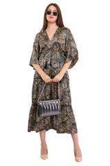 Black Marble Flared Long Tier Dress with Strings