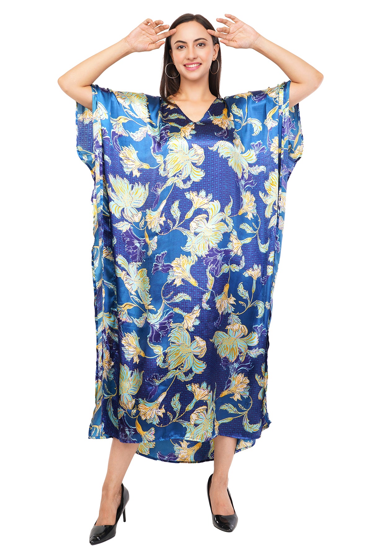Blue Floral Long Kaftan with strings on the inside