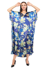 Blue Floral Long Kaftan with strings on the inside