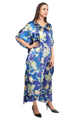 Blue Floral Long Kaftan with strings on the inside