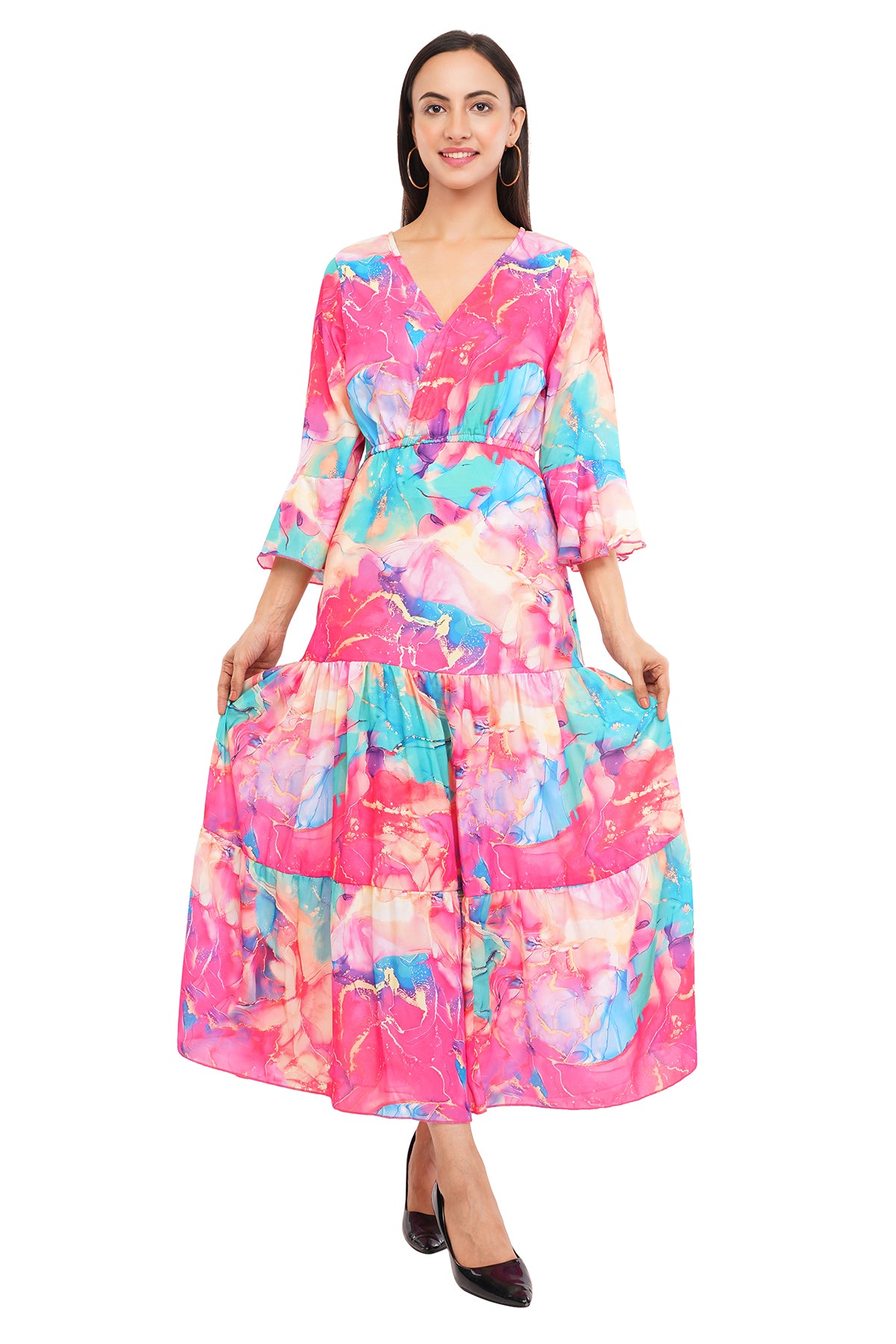 Pink Marble Flared Long A-Line Tier Dres