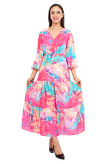 Pink Marble Flared Long A-Line Tier Dres