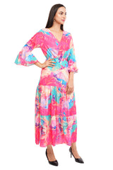 Pink Marble Flared Long A-Line Tier Dres