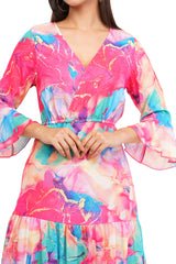 Pink Marble Flared Long A-Line Tier Dres