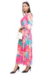 Pink Marble Flared Long A-Line Tier Dres