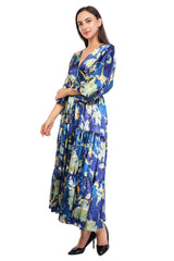 Blue Floral Flared Long Tier Dress with Strings                                 