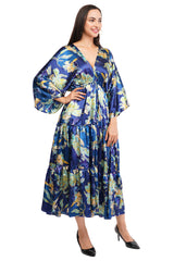 Blue Floral Flared Long Tier Dress with Strings                                 
