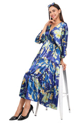 Blue Floral Flared Long Tier Dress with Strings                                 