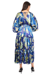 Blue Floral Flared Long Tier Dress with Strings                                 