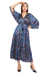 Blue Chain Flared Long Tier Dress with Strings