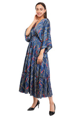 Blue Chain Flared Long Tier Dress with Strings