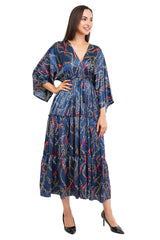 Blue Chain Flared Long Tier Dress with Strings