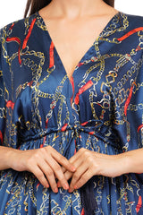 Blue Chain Flared Long Tier Dress with Strings