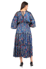 Blue Chain Flared Long Tier Dress with Strings