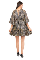 Black Marbal Flared Short Tier Dress with Strings                       